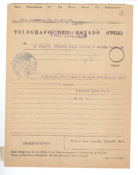 [Telegrama] 1957 feb. 15, El Almendral, Chile [a] Joaquín Edwards Bello