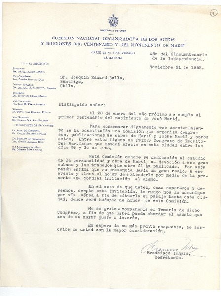 [Carta] 1952 nov. 21, La Habana, Cuba [a] Joaquín Edwards Bello