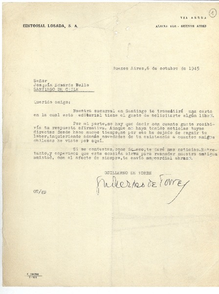 [Carta] 1945 oct. 6, Buenos Aires, Argentina [a] Joaquín Edwards Bello