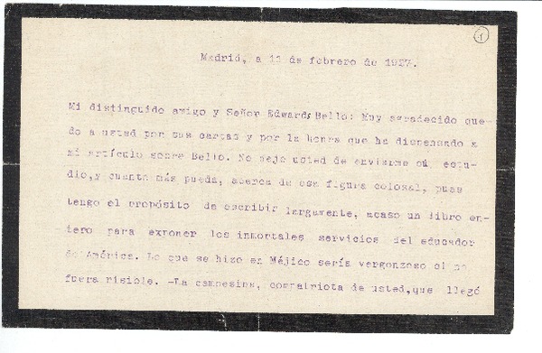 [Carta] 1927 feb. 11, Madrid, España [a] Joaquín Edwards Bello