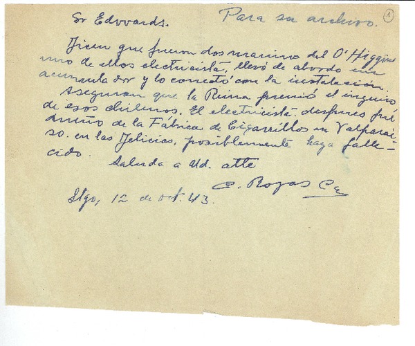 [Carta] 1943 oct. 12, Santiago, Chile [a] Joaquín Edwards Bello