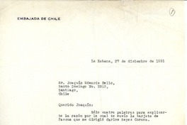 [Carta] 1951 dic. 27, La Habana, Cuba [a] Joaquín Edwards Bello
