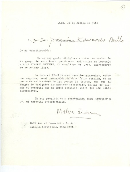 [Carta] 1959 ago. 18, Lima, Perú [a] Joaquín Edwards Bello