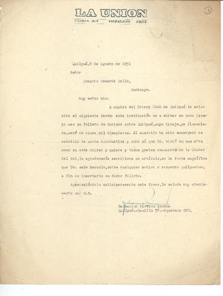 [Carta] 1951 ago. 8, Quilpué, Chile [a] Joaquín Edwards Bello