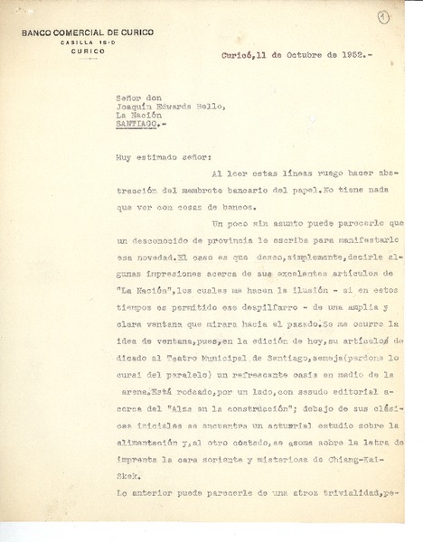 [Carta] 1952 oct. 11, Curicó, Chile [a] Joaquín Edwards Bello