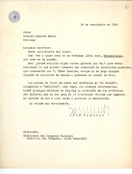 [Carta] 1966 sep. 30, Santiago, Chile [a] Joaquín Edwards Bello