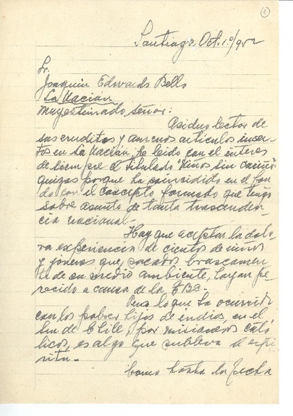 [Carta] 1952 oct. 1, Santiago, Chile [a] Joaquín Edwards Bello