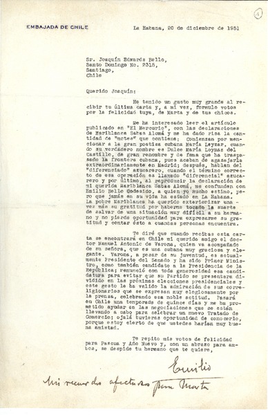 [Carta] 1951 dic. 20, La Habana, Cuba [a] Joaquín Edwards Bello, Santiago, Chile