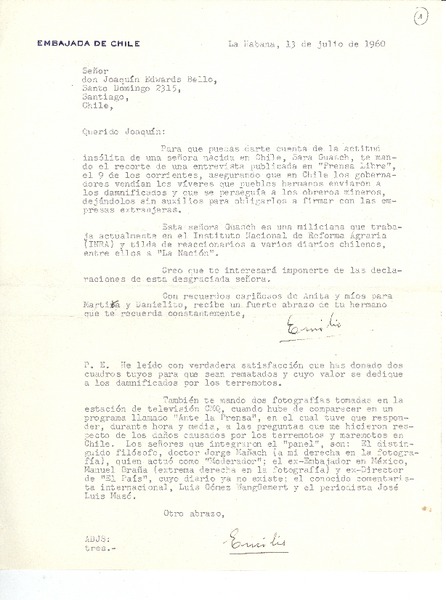 [Carta] 1960 jul. 13, La Habana, Cuba [a] Joaquín Edwards Bello, Santiago, Chile