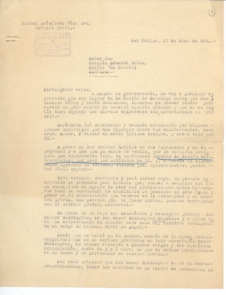 [Carta] 1941 dic. 17, San Felipe, Chile [a] Joaquín Edwards Bello