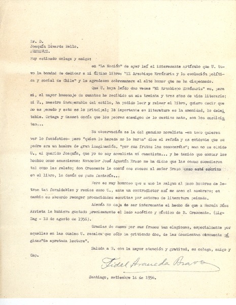 [Carta] 1956 sep. 14, Santiago, Chile [a] Joaquín Edwards Bello