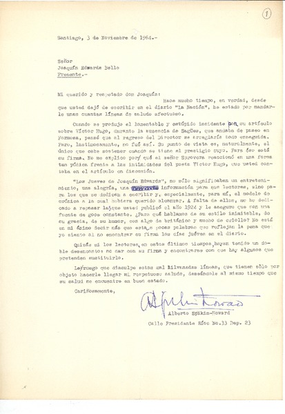[Carta] 1964 nov. 3, Santiago, Chile [a] Joaquín Edwards Bello