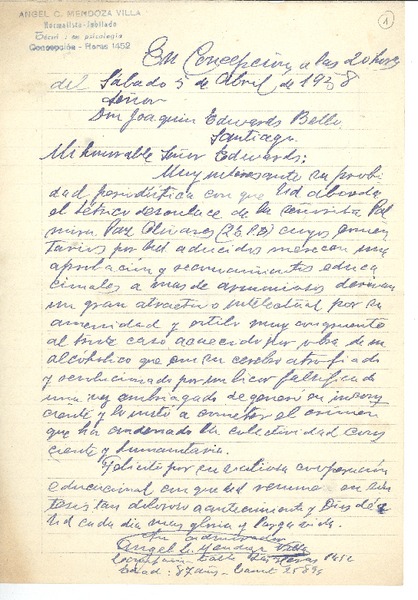 [Carta] 1958 abr. 5, Concepción, Chile [a] Joaquín Edwards Bello