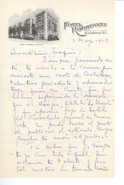 [Tarjeta] 1943 may. 3, Washington D.C. [a] Joaquín Edwards Bello