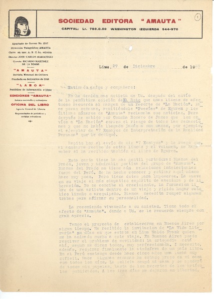 [Carta] 1929 dic. 27, Lima, Perú [a] Joaquín Edwards Bello