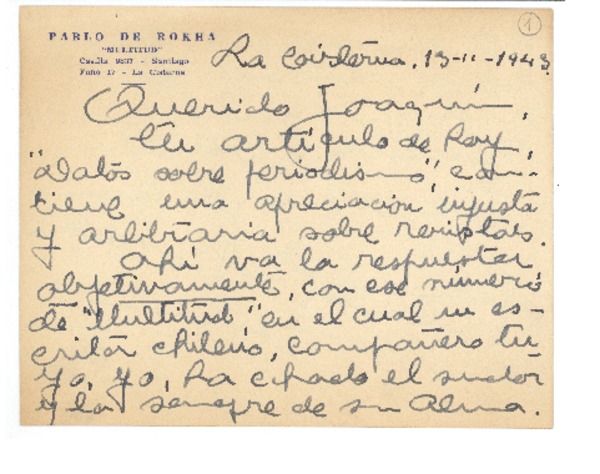 [Tarjeta] 1943 feb. 13, Santiago, Chile [a] Joaquín Edwards Bello
