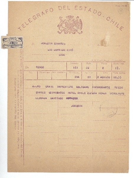 [Telegrama] 1945 ago. 8, Rengo, Chile [a] Joaquín Edwards Bello