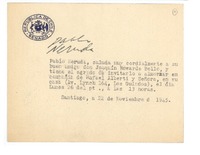 [Tarjeta] 1945 nov. 22, Santiago, Chile [a] Joaquín Edwards Bello