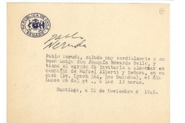 [Tarjeta] 1945 nov. 22, Santiago, Chile [a] Joaquín Edwards Bello