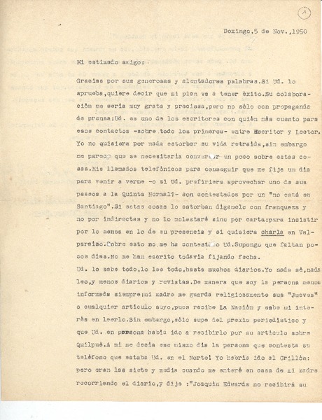 [Carta] 1950 nov. 5, Santiago, Chile [a] Joaquín Edwards Bello