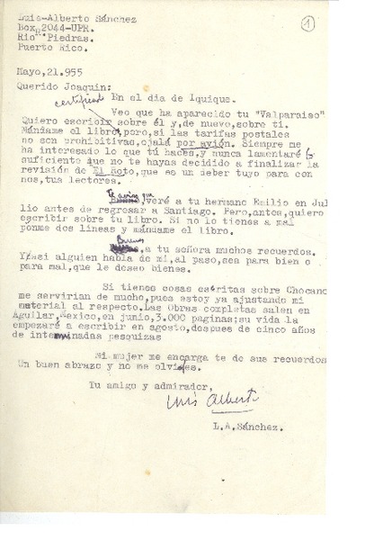 [Carta] 1955 may. 21, Río Piedras, Puerto Rico [a] Joaquín Edwards Bello