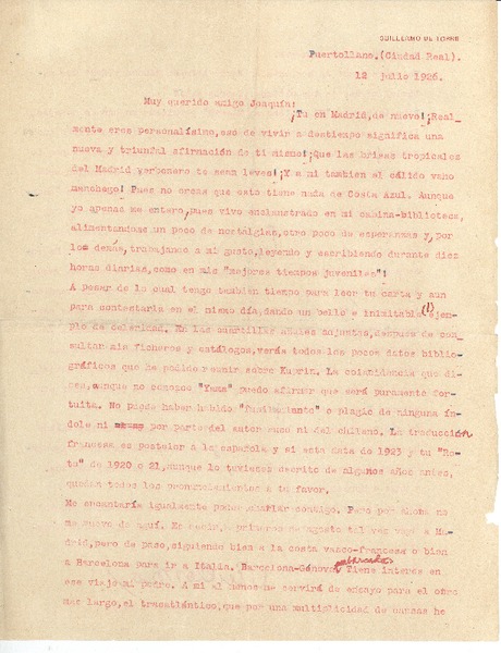 [Carta] 1926 jul. 12, Puertollano, España [a] Joaquín Edwards Bello