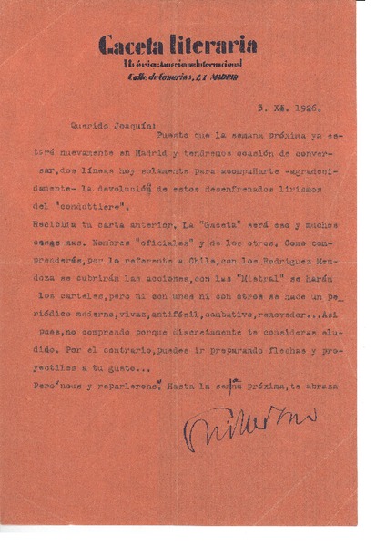 [Carta] 1926 nov. 3, Puertollano, España [a] Joaquín Edwards Bello