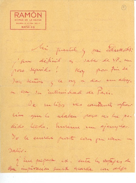 [Carta] c.1927?, Nápoles, Italia [a] Joaquín Edwards Bello, Paris, Francia :