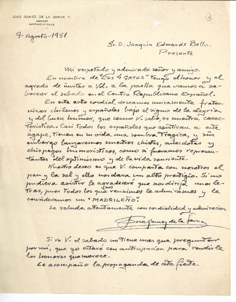[Carta] 1951 ago. 9, Santiago, Chile [a] Joaquín Edwards Bello