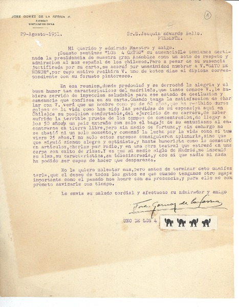 [Carta] 1951 ago. 29, Santiago, Chile [a] Joaquín Edwards Bello