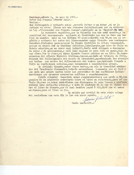 [Carta] 1953 may. 3, Santiago, Chile [a] Joaquín Edwards Bello