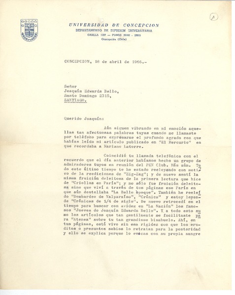 [Carta] 1966 abr. 18, Concepción, Chile [a] Joaquín Edwards Bello