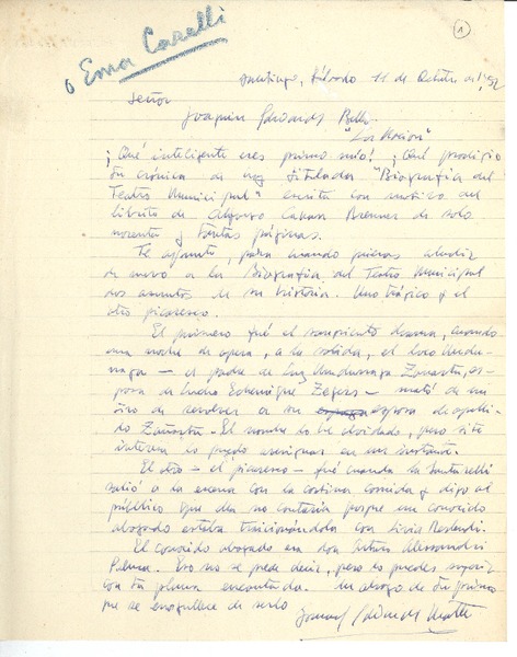 [Carta] 1952 oct. 11, Santiago, Chile [a] Joaquín Edwards Bello