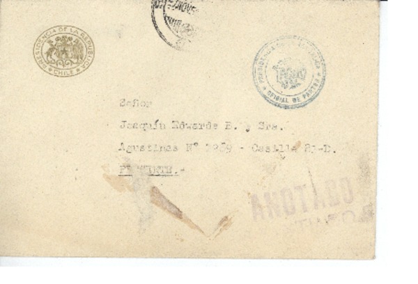 [Tarjeta] 1956 nov. 6, Santiago, Chile [a] Joaquín Edwards Bello
