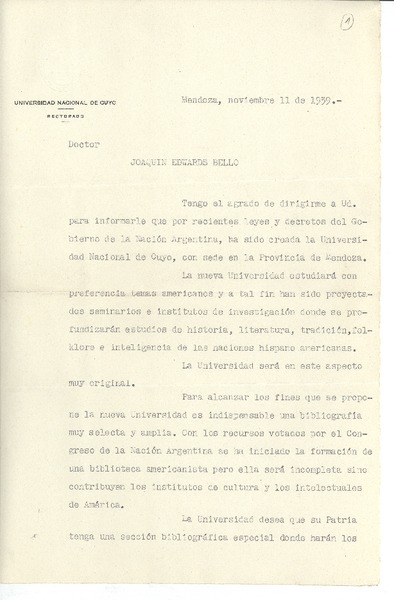 [Carta] 1939 nov. 11, Mendoza, Argentina [a] Joaquín Edwards Bello