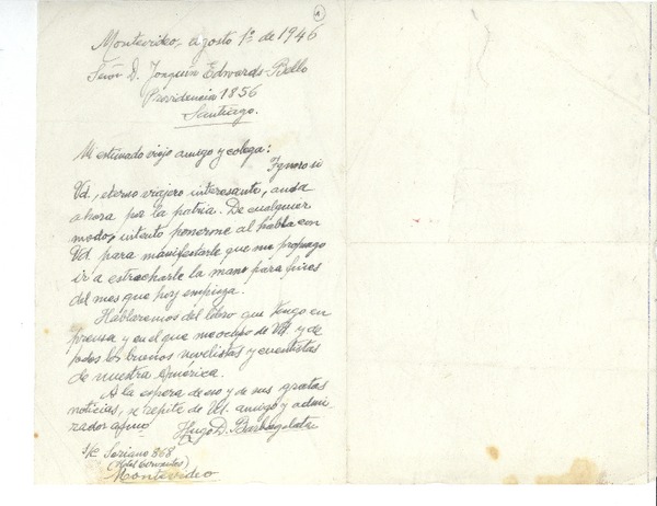 [Carta] 1946 ago. 1, Montevideo, Uruguay [a] Joaquín Edwards Bello