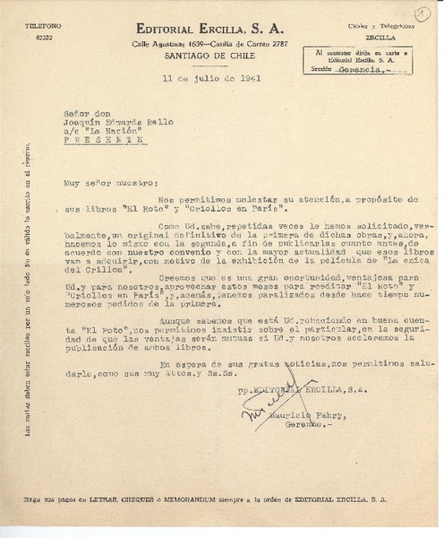 [Carta] 1941 jul. 11, Santiago, Chile [a] Joaquín Edwards Bello