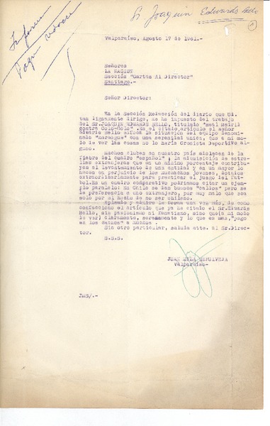[Carta] 1961 ago. 17, Valparaíso, Chile [a] Joaquín Edwards Bello
