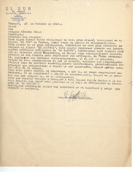 [Carta] 1947 oct. 30, Temuco, Chile [a] Joaquín Edwards Bello