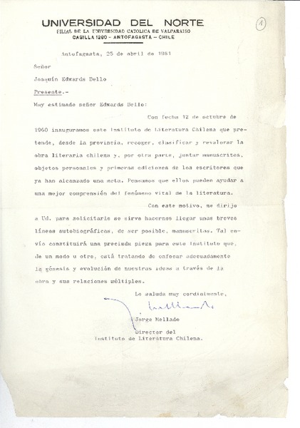 [Carta] 1961 abr. 25, Antofagasta, Chile [a] Joaquín Edwards Bello
