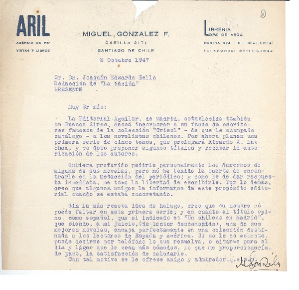 [Carta] 1947 oct. 3, Santiago, Chile [a] Joaquín Edwards Bello