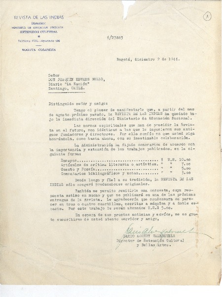 [Carta] 1944 dic. 2, Bogotá, Colombia [a] Joaquín Edwards Bello, Santiago, Chile