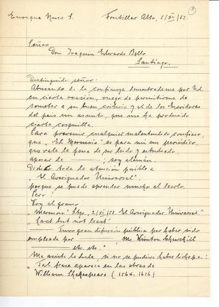 [Carta] 1952 dic. 5, Frutillar, Chile [a] Joaquín Edwards Bello