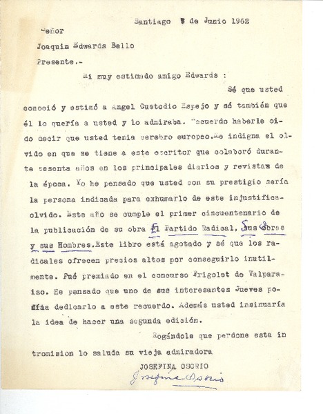 [Carta] 1962 jun. 7, Santiago, Chile [a] Joaquín Edwards Bello