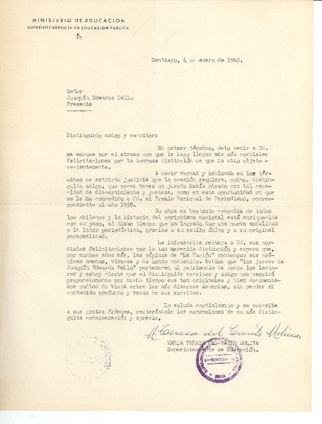 [Carta] 1960 ene. 4 Santiago, Chile [a] Joaquín Edwards Bello