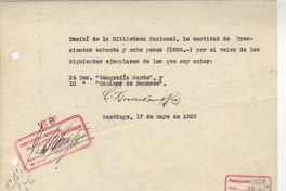 [Recibo] 1939 may. 17, Santiago, Chile [a] Biblioteca Nacional de Chile