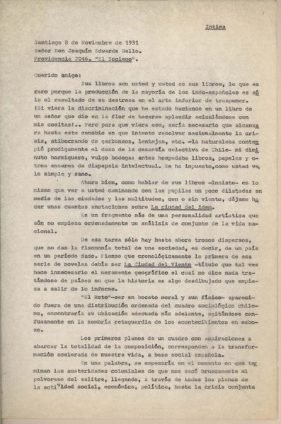 [Carta] 1931 noviembre 8, Santiago, Chile [a] Joaquín Edwards Bello