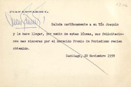 [Tarjeta] 1959 noviembre 20, Santiago, [Chile] [a] Joaquín Edwards Bello