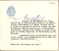 [Tarjeta] 1959 noviembre, Santiago, [Chile] [a] Joaquín Edwards Bello