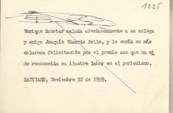 [Tarjeta] 1959, noviembre 18, Santiago, [Chile] [a] Joaquín Edwards Bello